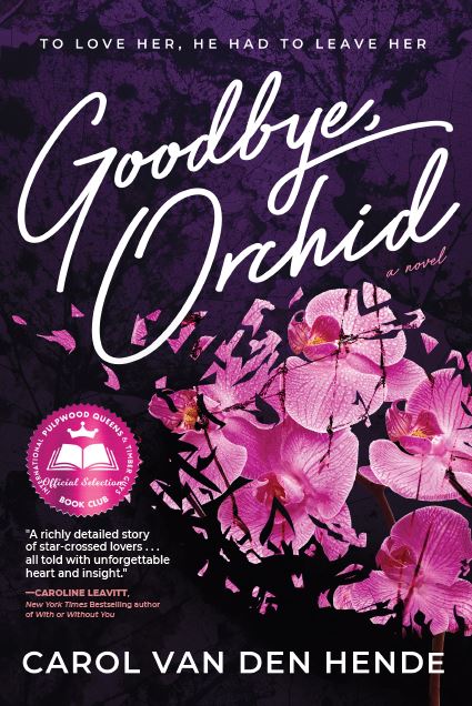 dark purple background with bright pink shattering orchids centered and pulpwood queens bookclub emblem.