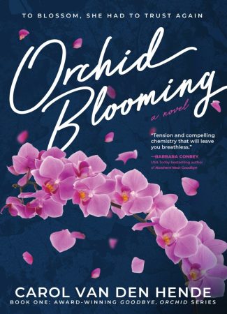 Blue and dark blue cover it a branch of bright pink orchids in the center with orchid petals falling behind the branch